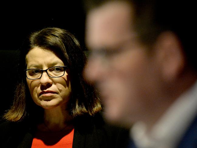 Victorian Health Minister Jenny Mikakos watches Premier Daniel Andrews speak to the media last week. Picture: NCA NewsWire / Andrew Henshaw