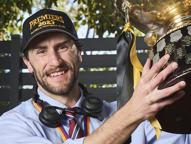 Retiring captain, Max Proud celebrating in Glengowrie, after his SANFL grand final win on Sunday, Monday, Sept. 25, 2023. Picture: Matt Loxton