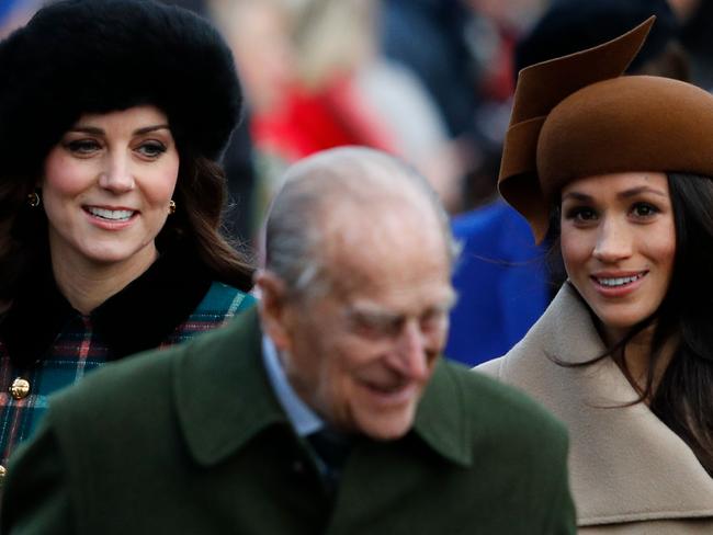 Kate and Meghan Markle are seen with Prince Philip on Christmas Day. Picture: AFP /Adrian Dennis