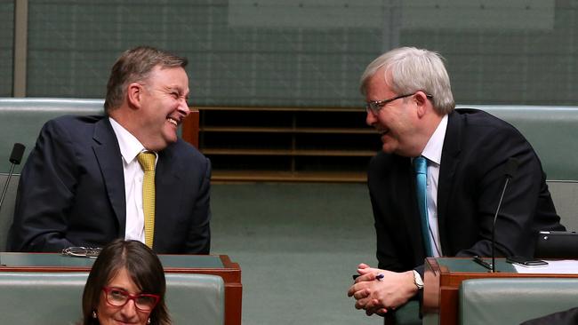 Anthony Albanese and former Prime Minister Kevin Rudd during Question Time in Canberra in 2013. Picture: Kym Smith