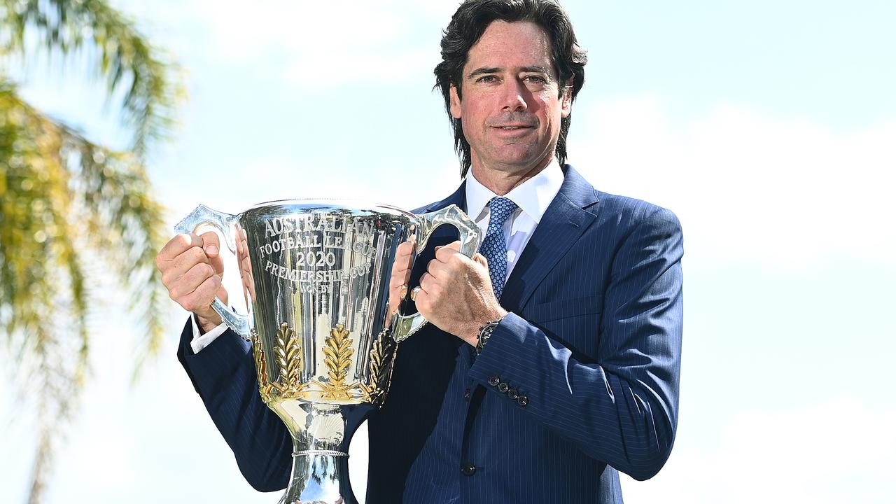 AFL Chief Executive Gillon McLachlan poses with the Premiership Cup . (Photo by Quinn Rooney/Getty Images)