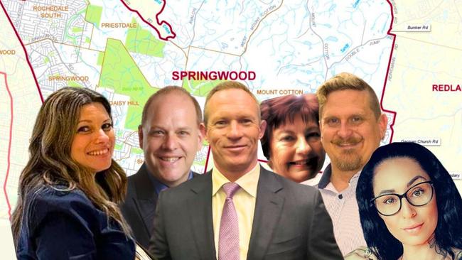 Candidates for the state seat of Springwood, which is traditionally referred to as a bellwether, from left; LNP Susanna Damianopoulos; One Nation’s Glen Cookson; sitting MP Labor’s Mick de Brenni; Family First’s Gabrielle Davis; Greens candidate Ben Harry; and Karley Saidy-Hennessey.