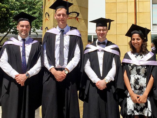 Medicine graduates, from left, Aram Cox, Will Thomas, Glenn Broadby and Mehr Gupta. SUPPLIED