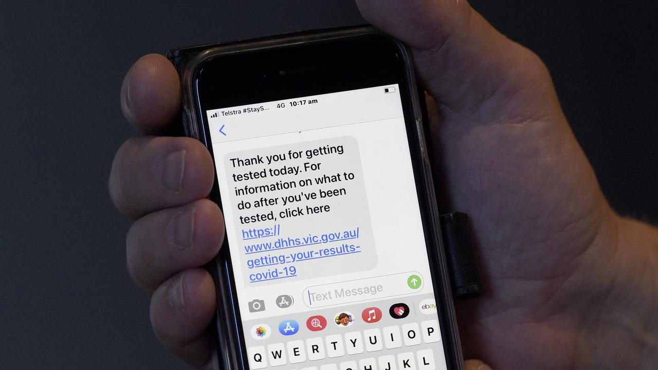 A text message informing a person of the result of their COVID test. Picture: NCA NewsWire / Andrew Henshaw