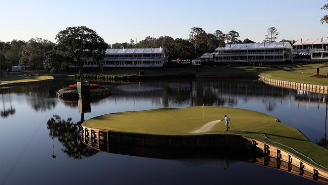 A scenic view of the 17th hole as seen during a practice round prior to the THE PLAYERS Championship.