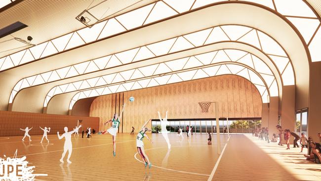 View of indoor courts in the Mercedes Arts and Sports Precinct. Picture: Mercedes College / JPE Design Studio