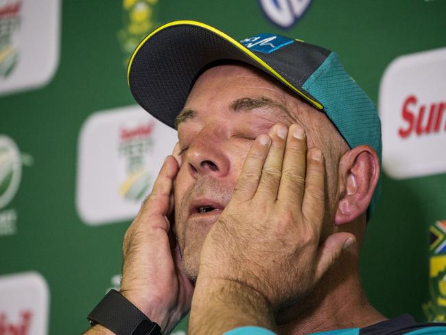 An emotional Darren Lehmann after announcing his resignation.