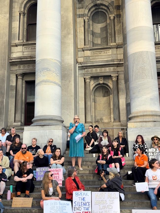 Minister for Women Katrine Hildyard addresses a protest rally calling for the end of violence against women. Picture: Isabel McMillan