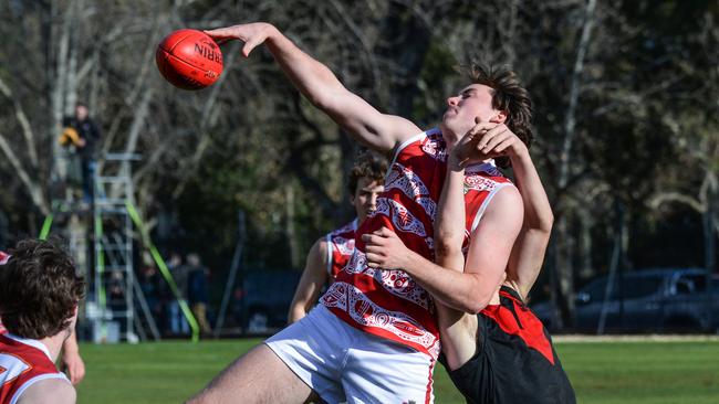 PAC’s Declan Hortle was strong in the ruck as the Reds made a statement in their win against Rostrevor. Picture: Brenton Edwards