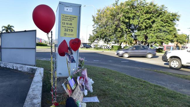 Floral tributes left at a Garbutt intersection in Townsville where four teenagers aged between 14 and 18 years lost their lives. Picture: Matt Taylor