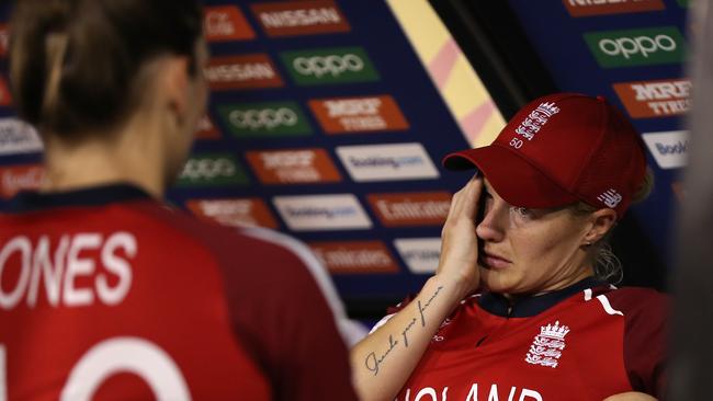 Katherine Brunt of England looks on while talking with Amy Jones after being defeated during the ICC Women's T20 Cricket World Cup match between England and South Africa. Picture: Paul Kane/Getty Images