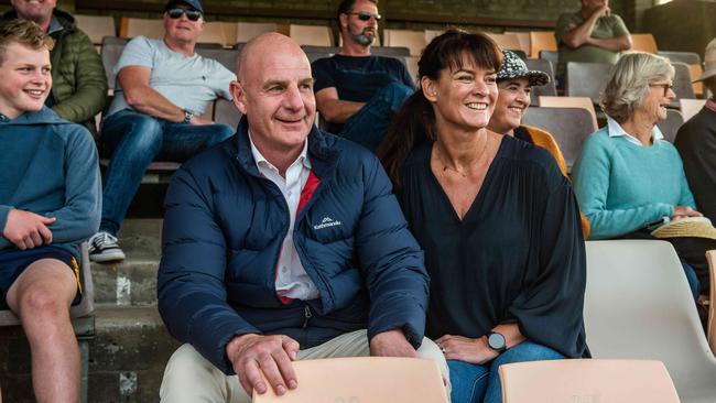 Peter Gutwein and wife Amanda cheer on son Finn playing for North Launceston at Launceston’s NTCA Ground on Sunday. Picture: Chris Crerar