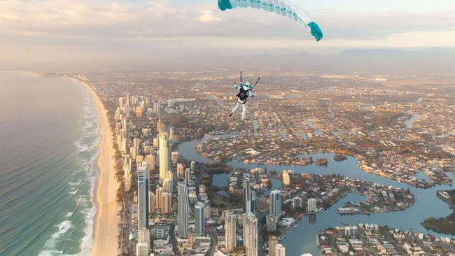 Skydiving above the Surfers Paradise skyline.