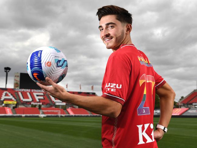 ADELAIDE UNITED PRIDE GAME. Adelaide United soccer player Josh Cavallo at Coopers Stadium Hindmarsh, on the 21st Feb, 2022. Picture: Tricia Watkinson