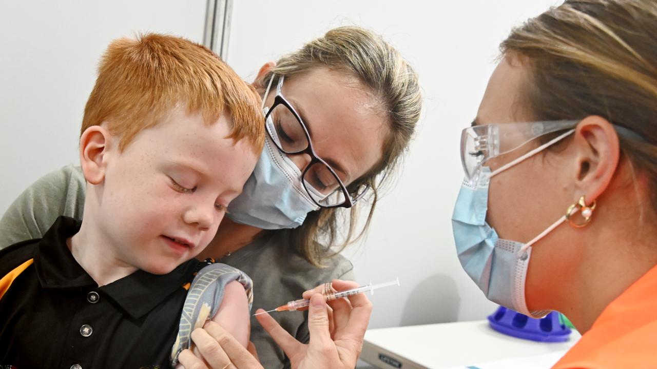 Jake Washington, 5, receives his first dose of the Covid-19 vaccine. Picture: Julianne Osborne