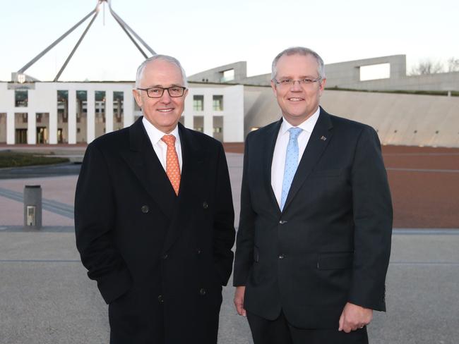 Malcolm Turnbull and Treasurer Scott Morrison out the front of Parliament House, Canberra. Picture: Kym Smith