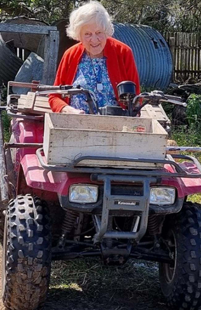 Daisy Green, 93, is as fit as a fiddle and continues to ride her quad bike on her Palmers Island farm despite her age.