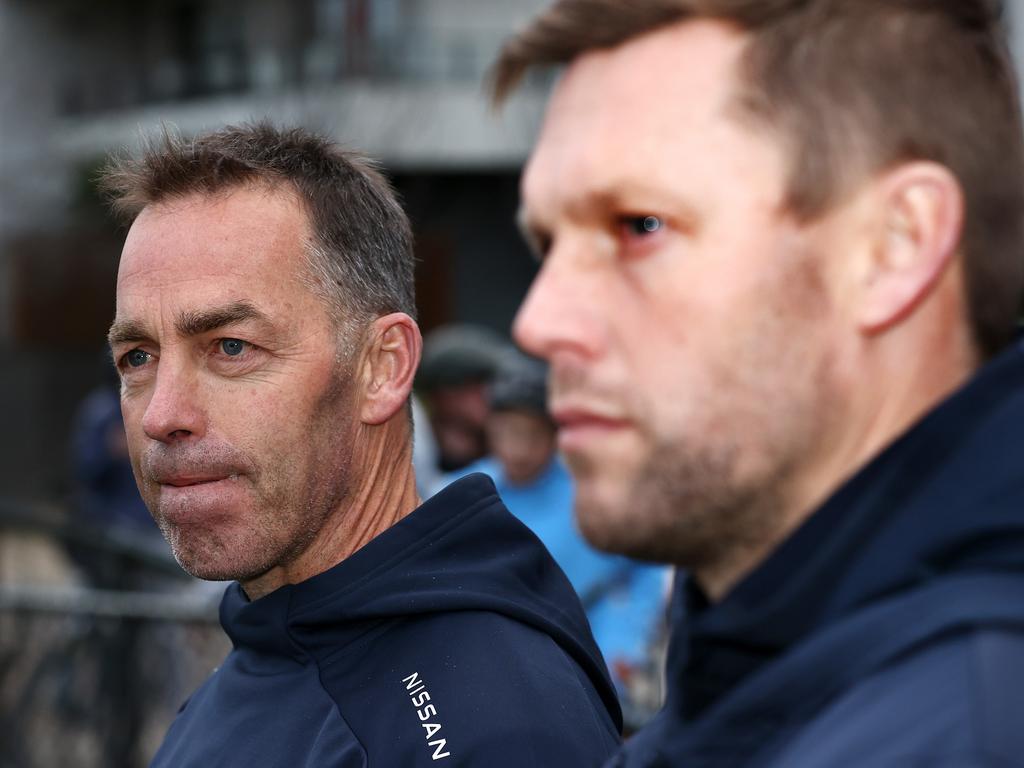 The press conference announcing that Alastair Clarkson would step aside of the end of the 2021 season making way for Sam Mitchell to take over. Picture: Michael Klein