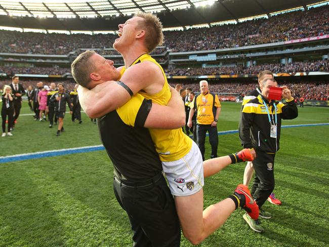 Hardwick and Riewoldt celebrate the 2017 premiership. Picture: AFL Media/Getty Images