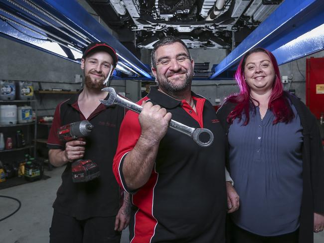 Best of Melbourne Mechanic: Amato Automotive. Apprentice  Eric Lincoln, Adrian Amato and wife Michelle.Picture by Wayne Taylor 19th November 2019