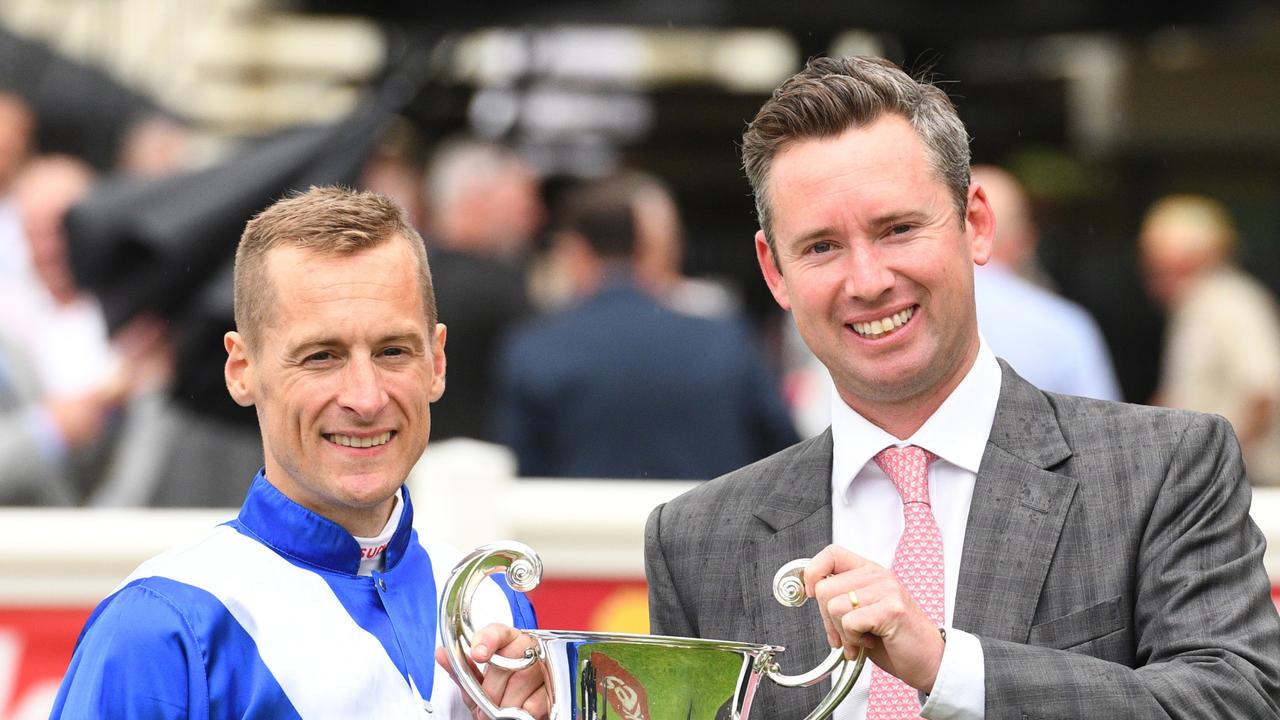 Adrian Bott with Blake Shinn after Alligator Blood won the Futurity Stakes at Sandown in the autumn. Picture: Vince Caligiuri–Getty Images