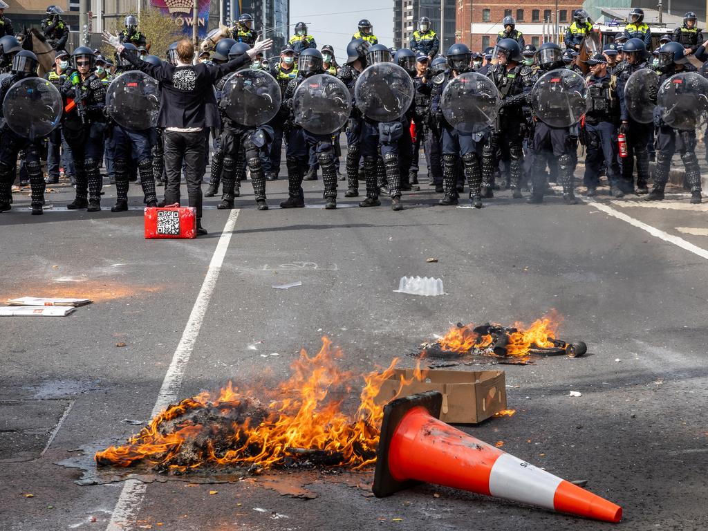 A huge police presence was needed at the Land Forces expo to beat back protesters. Picture: Jake Nowakowski