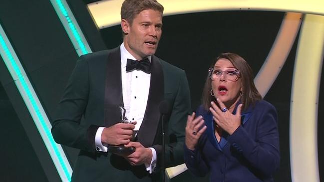 Dr Chris Brown and Julia Morris shocked as they accept the award for Outstanding Reality Program at the 2022 Logie Awards, with I'm A Celebrity … Get Me Out Of Here taking the gong over its more highly-fancied competitors. Picture: Nine