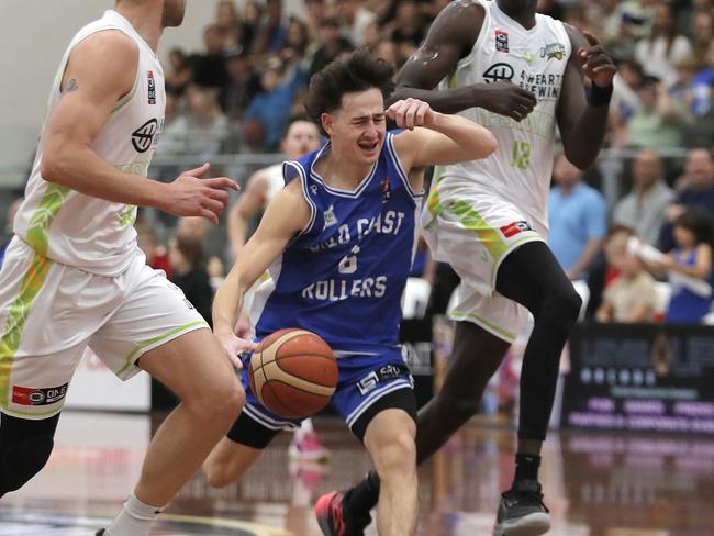 Preston Le Gassick of Gold Coast Rollers on the attack against Ipswich Force during Game 3 decider of the NBL1 North Grand Final Series played at the Carrara Indoor stadium, Gold Coast, Sunday, August 6, 2023. Photo: Regi Varghese