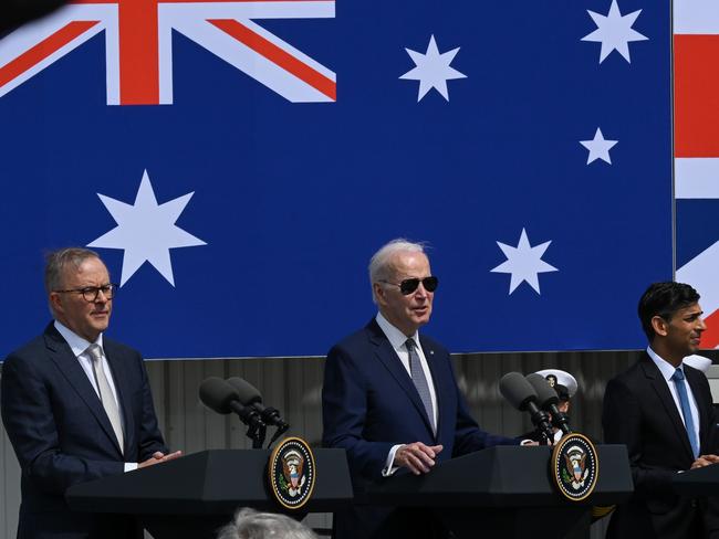 Australian Prime Minister Anthony Albanese, US President Joe Biden and British Prime Minister Rishi Sunak earlier this year. Picture: Tayfun Coskun (Getty Images)