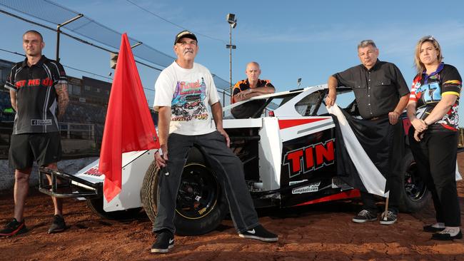 Drivers Shaun Davoodi, Alan Day, track steward Wayne Baines, speedway official Lance Wilson and driver Ash Dawes were shocked to hear of the Metro plans. Picture: Jonathan Ng