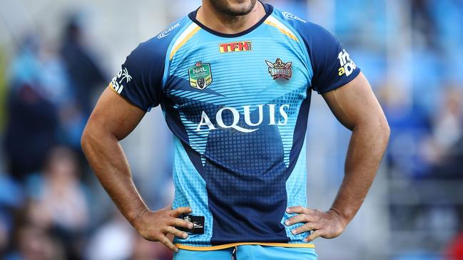 GOLD COAST, AUSTRALIA - AUGUST 26: Jarryd Hayne of the Titanslooks on during the round 25 NRL match between the Gold Coast Titans and the Canterbury Bulldogs at Cbus Super Stadium on August 26, 2017 in Gold Coast, Australia. (Photo by Brendon Thorne/Getty Images)