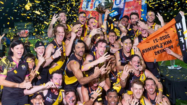 Nightcliff’s 2020-21 grand final win lifted coach Chris Baksh and his players into elite company in the NTFL’s long history. Picture: Che Chorley