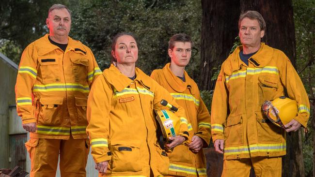 CFA volunteers from Sassafras Ferny Creek Shane Miller, Sarah Krumins, Harry English and Norman English. Picture: Jake Nowakowski