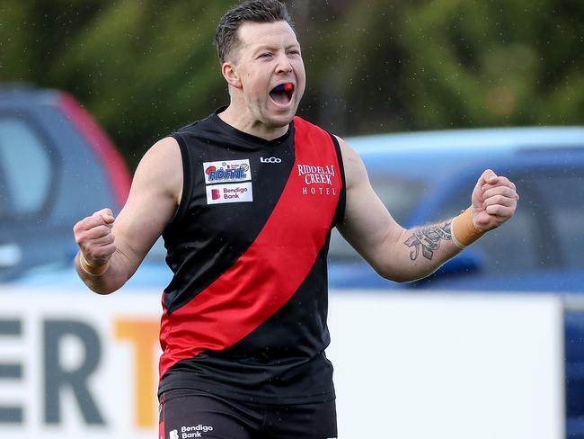 RDFL footy: Riddell v Melton Centrals at Riddell Creek Recreation Reserve. 4th June 2022. Timothy Walsh of Riddell celebrates his goal.Picture : George Sal