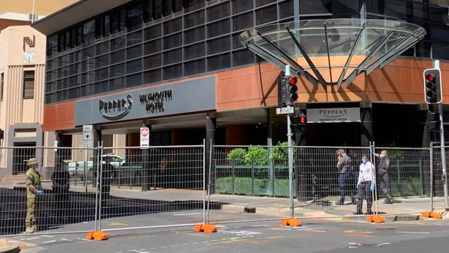 Defence personnel and police outside seen at Peppers Waymouth on Wednesday. Picture: NCA NewsWire / Naomi Jellicoe