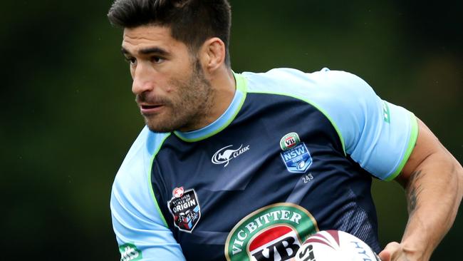 James Tamou during warm up for the NSW Blues final training session before they depart for Brisbane . Novotel Coffs Harbour . Picture : Gregg Porteous