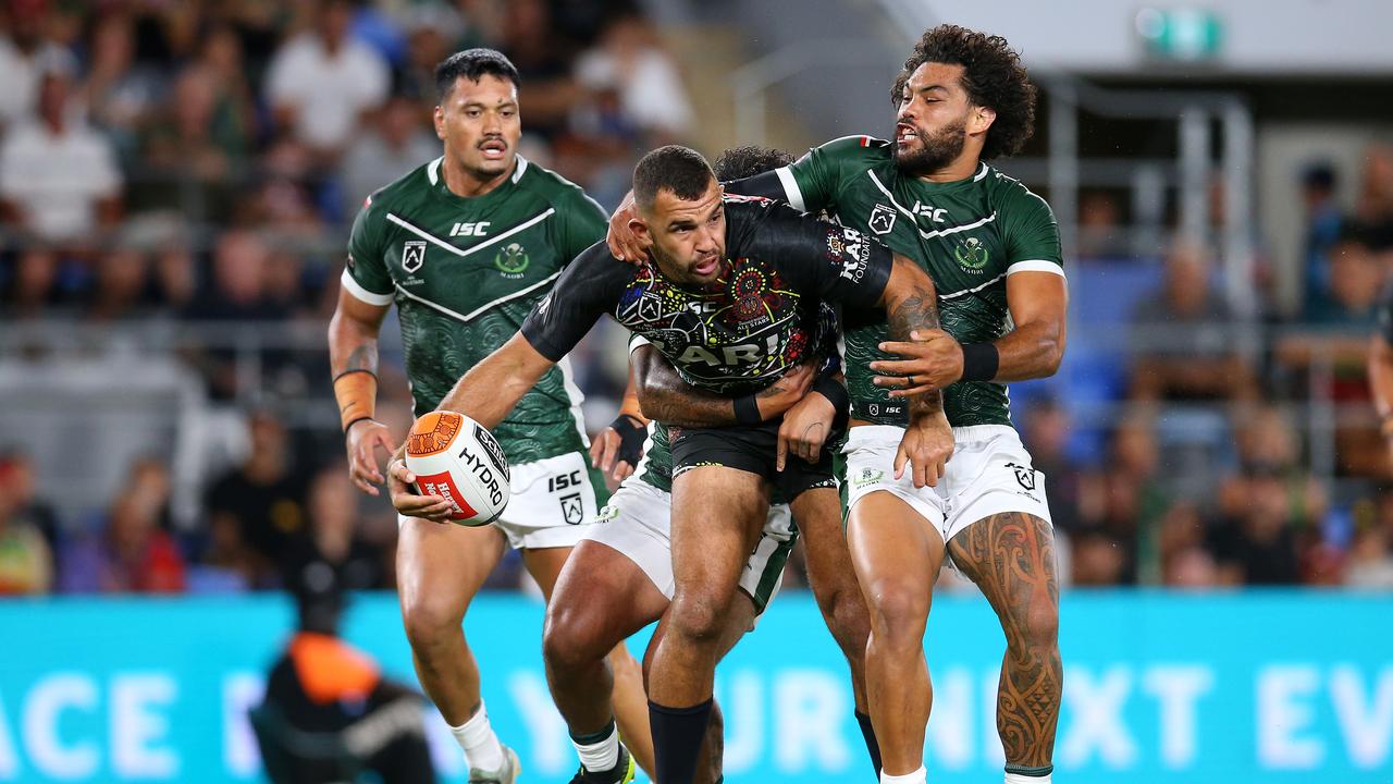 GOLD COAST, AUSTRALIA – FEBRUARY 22: Josh Kerr of the indigenous All-Stars is tackled during the NRL match between the indigenous All-Stars and the New Zealand Maori Kiwis All-Stars at Cbus Super Stadium on February 22, 2020 on the Gold Coast, Australia. (Photo by Jason McCawley/Getty Images)