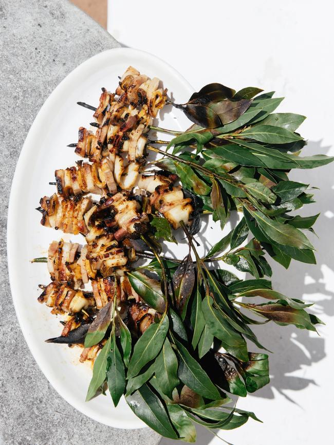 Black lip abalone, bacon and bayleaf skewer. Picture: Elise Hassey