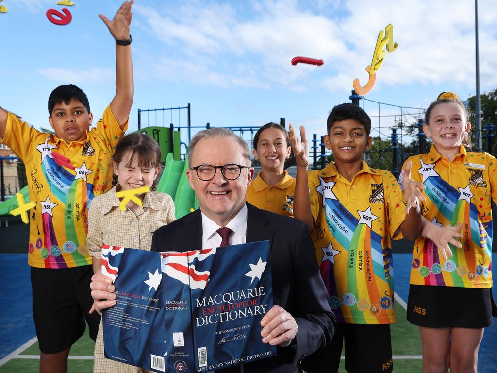 Prime Minister Anthony Albanese launched the fourth annual Prime Minister’s Spelling Bee with the help of Nundah State School students Rohan Bishnoi, 11, year 6; Matilda Sedgman, 8, year 3; Zoe Caporale, 10, year 5; Avhi Hejeebu, 11, year 6; and Evie Sedgman, 11, Year 6. Picture: Liam Kidston