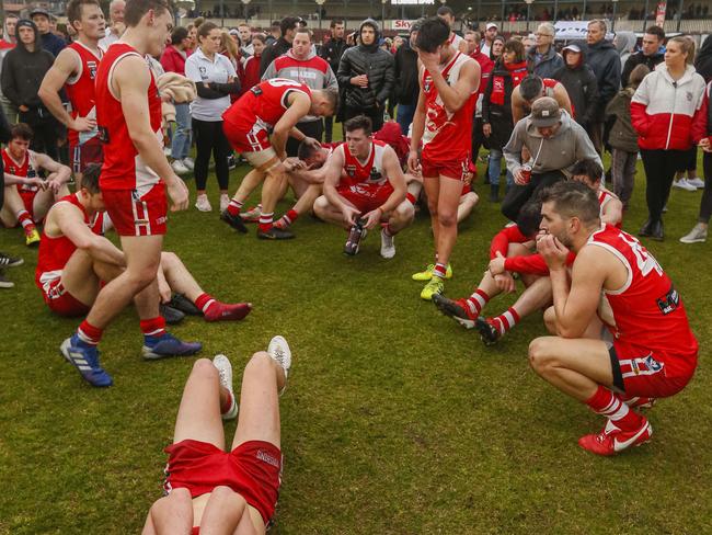 Dejected Sorrento players after last season's grand final loss to Dromana. Picture: Valeriu Campan