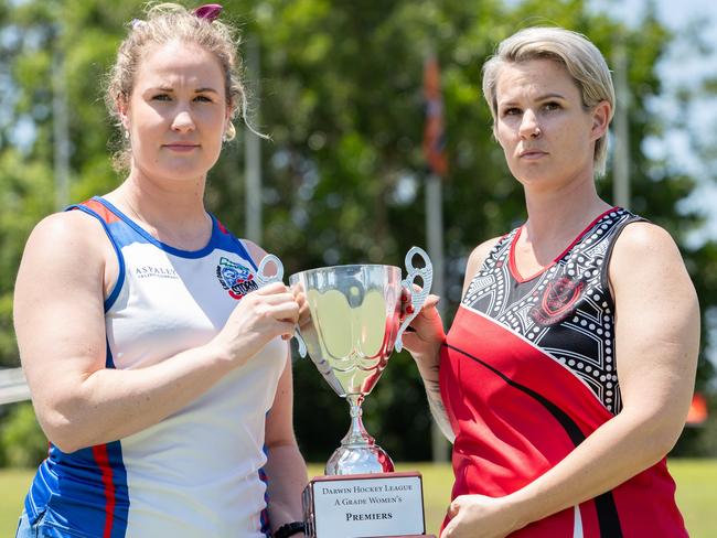 East Darwin captain Jess Martin-Brown and Commerce captain Shana Casimiro ahead of the 2023 Darwin Hockey League grand finals. Picture: Pema Tamang Pakhrin