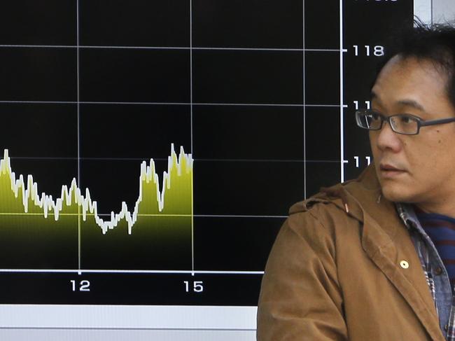 A man looks at an electronic stock indicator of a securities firm showing Japan's Nikkei 225, left, that rose 455.02 points or 2.6 percent to 17,163.92 and the currency rate of the U.S. dollar that is traded at 118.27-28 yen in Tokyo, Wednesday, Jan. 27, 2016. Chinese stocks sank again Wednesday but other Asian markets rose following Wall Street's gain as investors looked ahead to the U.S. Federal Reserve's latest statement on interest rates and the economic outlook. (AP Photo/Shizuo Kambayashi)