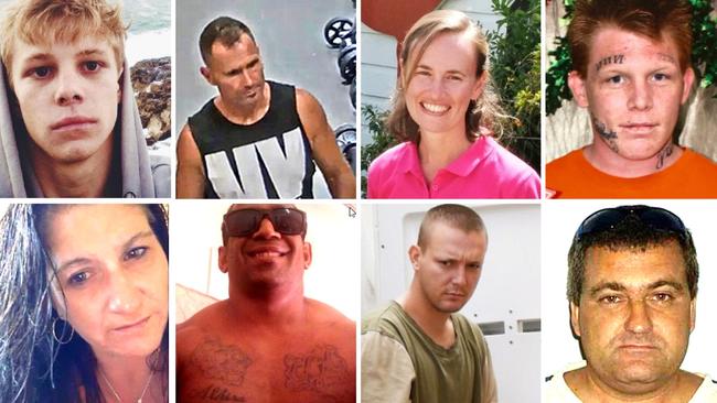 Queensland's most violent offenders who faced justice in 2022, clockwise from top left: Alex Robert Smart; Hannah Clarke's ex-husband and murderer Rowan Baxter; cop killer Stacey Train; Kyam Keith Broadby; Ricky Francis Neeson; Jake Scott Ashman; Richard Steven Saunders; and Tammy Muriel Price. Graphic: Courier-Mail