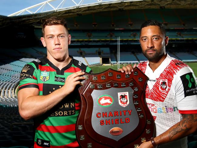 South Sydney Rabbitohs Cameron McInnes and St George Illawarra Dragons Benji Marshall during the launch of the Charity Shield at ANZ Stadium,Homebush .Picture Gregg Porteous