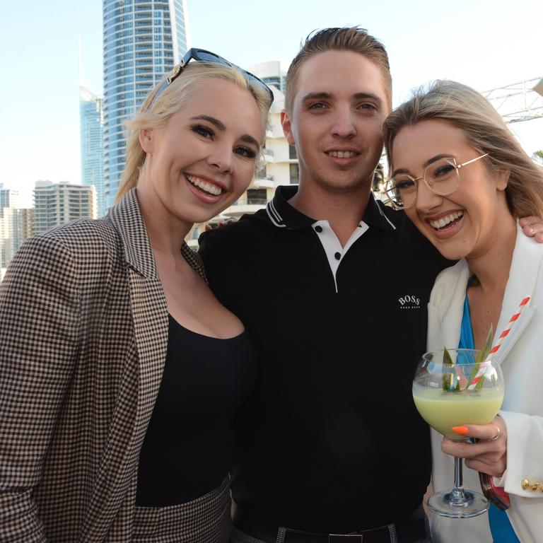 Brooke McNaughton, Mitchell Rolfe and Ashleigh Phelan at the opening of Cali Beach Club, Surfers Paradise. Picture: Regina King