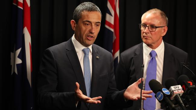 SA Energy Minister Tom Koutsantonis and Premier Jay Weatherill speak to media about rolling blackouts that in Adelaide last week. Picture: Kelly Barnes