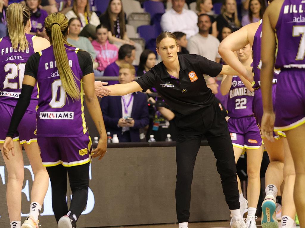 MELBOURNE, AUSTRALIA - DECEMBER 30: Kristy Wallace of the Boomers reacts with team mates during the WNBL match between Melbourne Boomers and Bendigo Spirit at Melbourne Sports Centres - Parkville, on December 30, 2023, in Melbourne, Australia. (Photo by Kelly Defina/Getty Images)