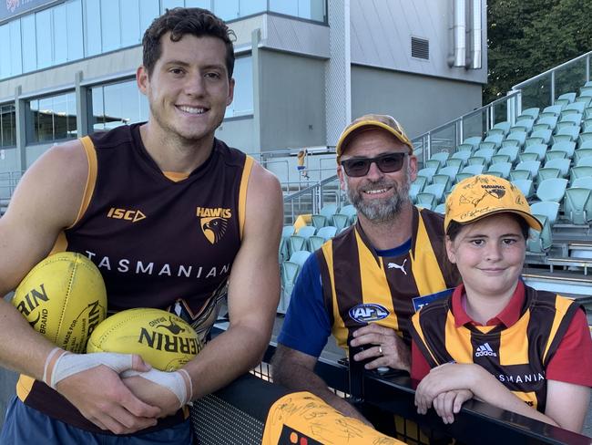 Lloyd Meek catches up with Hawthorn fans at a training session at UTAS Stadium before their pre-season clash with Collingwood earlier this month. Picture: Jon Tuxworth