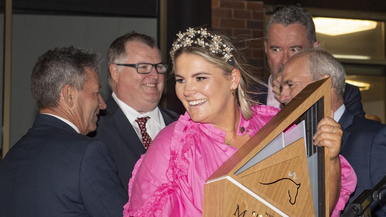 Maddy Sears holds the King of the Mountain trophy after Yellow Brick's win at Clifford Park racecourse. Picture: Nev Madsen.