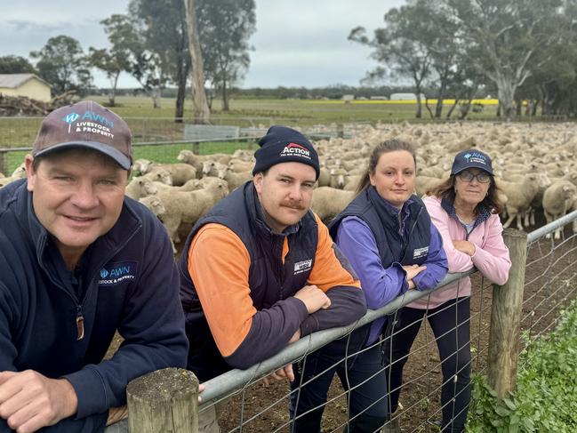 Wimmera farmers the Pole family are being forced to sell off lambs at lighter trade weights this week due to the poor season in the region. AWN agent Wayne Driscoll says many farmers are being forced to sell early and demand for rams is falling and the uptake of forward contracts is low due to a lack of confidence in the ability of farmers in the Wimmera to finish lambs to required weights. Pictured with farmer Jack, Sarah and Lynette Pole, Jilpanger. Jack said this draft of 336 lambs would be sold at Horsham Wednesday, and a further two drafts of lambs may also be sold off at light weights if the season did not improve.